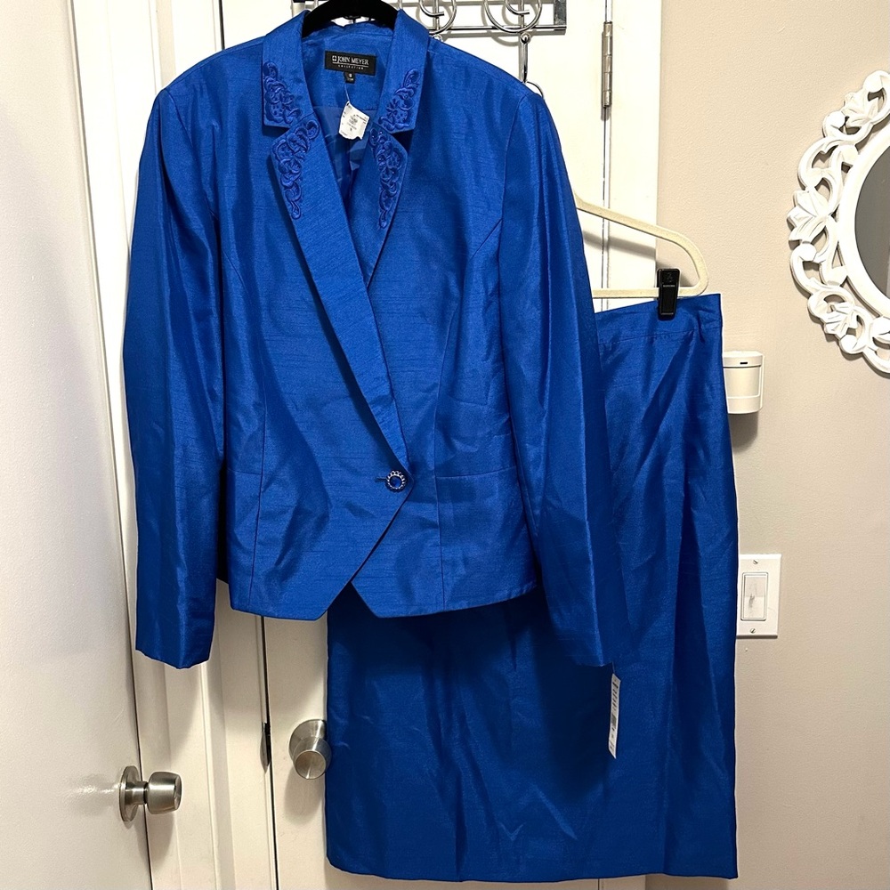 John Meyer Cobalt Blue Skirt Power Suit 16 NEW 2pc Set Blazer Skirt Embellished